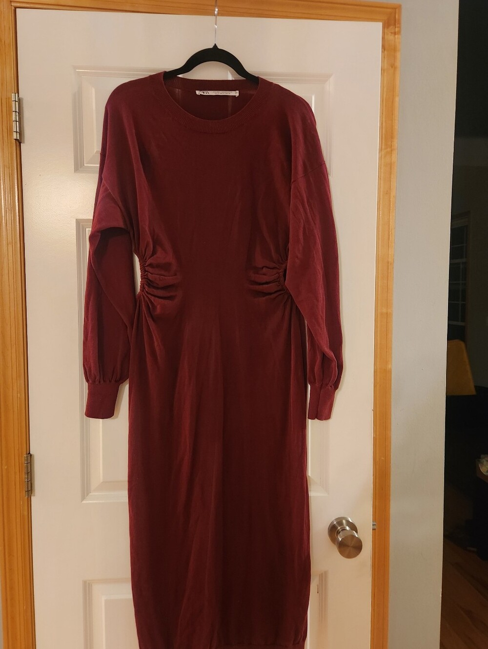 Zara Burgundy Long Sleeve Ruched Maxi Light Sweater Dress